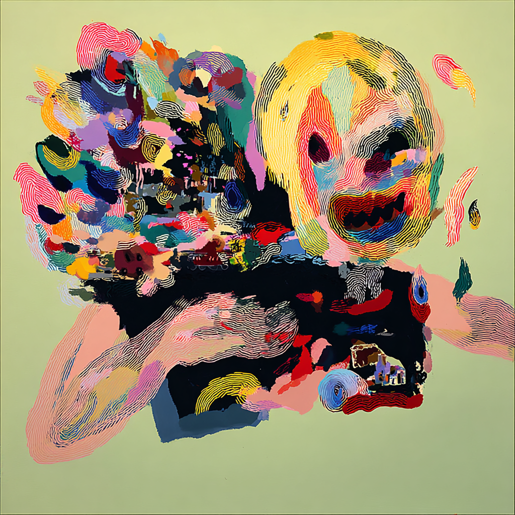 Abstract AI-generated artwork featuring a vibrant, expressive face with exaggerated features rendered in bold, multicolored strokes against a pale yellow-green background. The composition blends chaotic, dreamlike elements with gestural brushwork in shades of yellow, pink, blue, purple, and black. The emotional tone is surreal and playful, evoking a sense of creative spontaneity and digital abstraction.